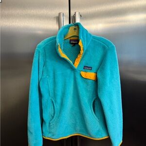 Women’s Patagonia pullover sweatshirt, small turquoise yellow